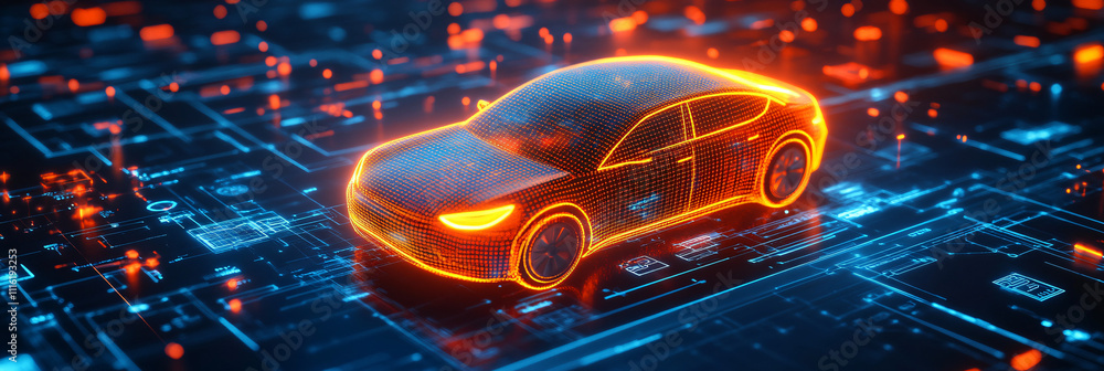 Poster a glowing car battery icon floating in a digital environment, surrounded by data streams representin