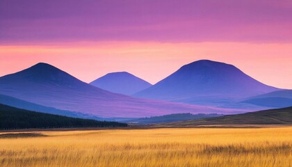 Serene landscape featuring rolling hills under a colorful sky at dusk.