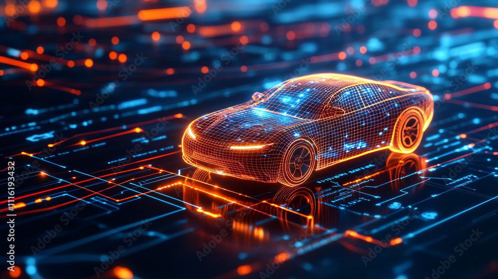 Poster a glowing car icon connected to digital highways of data streams, with a futuristic web interface sh