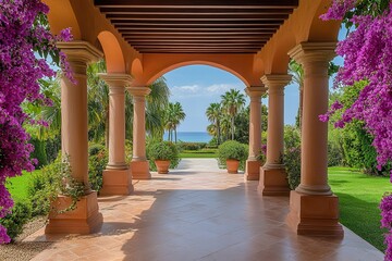 Fototapeta premium Stunning Mediterranean Villa with Lush Garden View