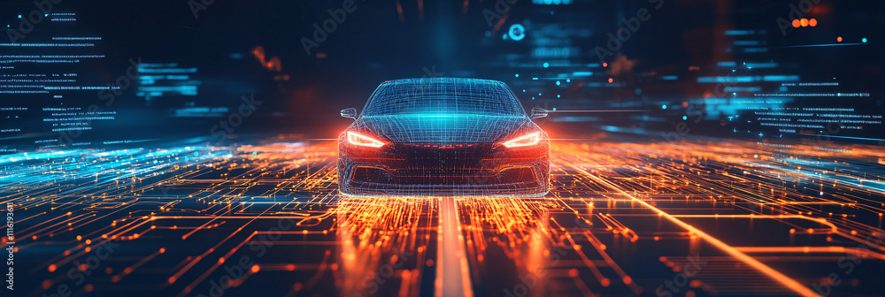 Poster a glowing car icon connected to digital highways of data streams, with a futuristic web interface sh