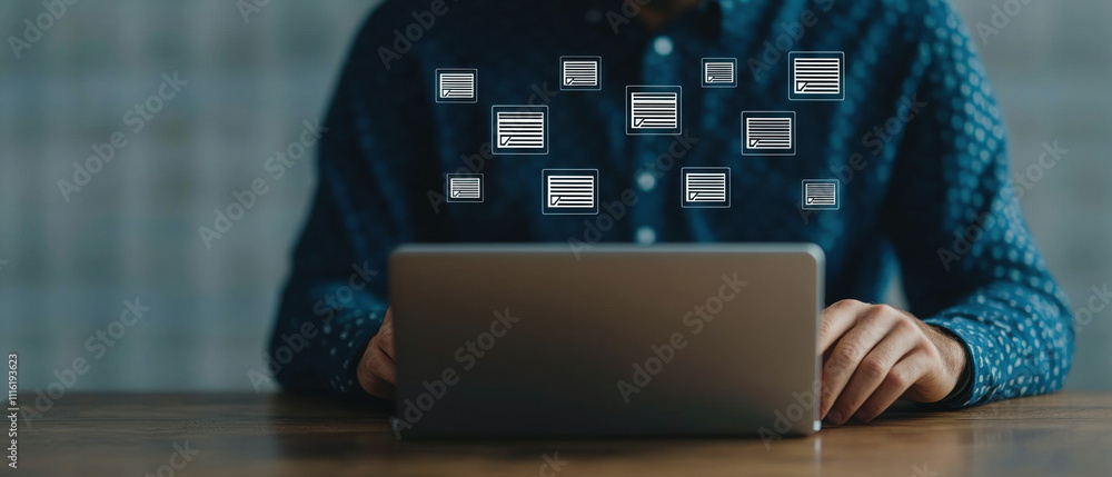 Poster a person using a laptop with digital icons above, symbolizing data processing or technology interact