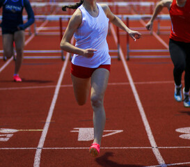 Female Athlete Competing in a Hurdle Race on a Red Track During a Sunny Day at a Sports Event