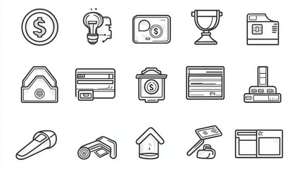 Fototapeta premium Collection of sixteen simple line icons representing finance, business, and technology concepts.