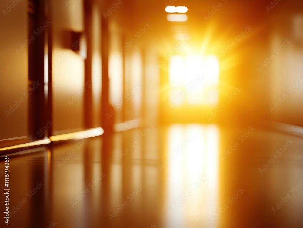 Poster a sunlit hallway with a warm glow, creating an inviting and tranquil atmosphere.