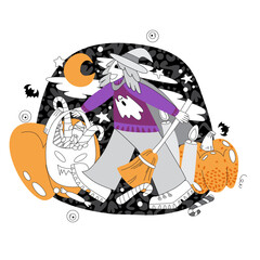 Vector illustration in flat and doodle style on Halloween theme. Image of a girl or a guy with a broom and in a hat, with pumpkins, bats and ghosts.
