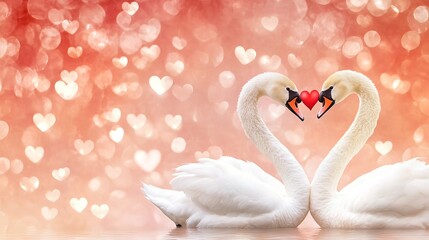 Fototapeta premium Two white swans forming a heart shape with a small red heart between their beaks against a bokeh background of hearts.