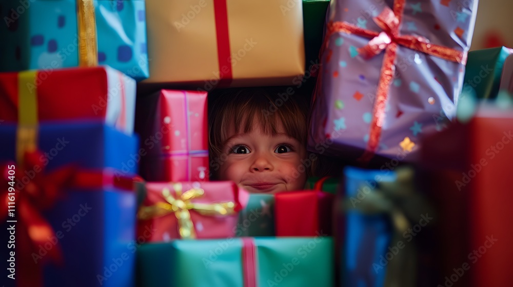 Poster a dynamic capture of a child giggling as they hide behind a large stack of wrapped gifts at their bi