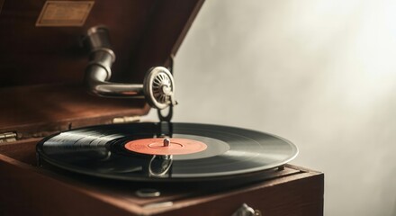 Vintage turntable playing vinyl record in warm light