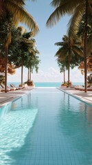 Fototapeta premium Luxurious tropical resort pool surrounded by palm trees, overlooking a serene ocean view, AI