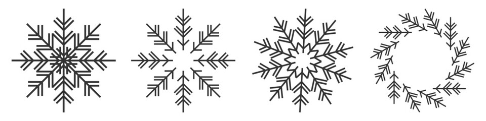 Geometric Snowflakes and Wreath Vector Set. Winter Snowflake Icons. Snowflake Line Art. Black and White Snowflake Symbols. Minimal Snowflakes Design