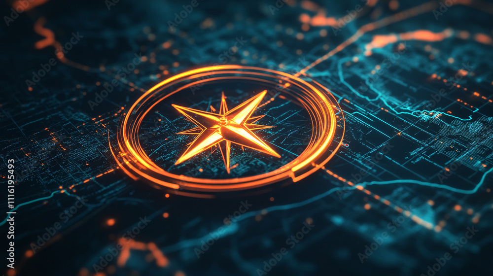 Poster a glowing compass icon hovering over a digital map with interactive data layers, representing online