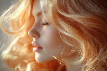 Naklejka premium a close-up of delicate peach fuzz hair illuminated by soft, warm morning light, emphasizing the fine texture and gentle colors against a blurred pastel background, evoking warmth and intimacy