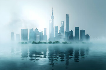 Obraz premium Misty city skyline reflected in calm water.