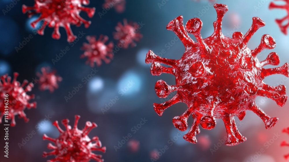 Poster a vivid depiction of virus particles, illustrating their structure and intricate details, conveying 