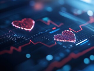 Fototapeta premium A digital illustration of hearts on a health monitor, symbolizing love, heartbeat, and emotional connection in a futuristic context.
