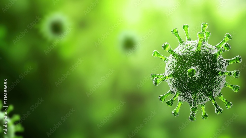Poster a microscopic view of a virus surrounded by a green background, illustrating the intricate structure