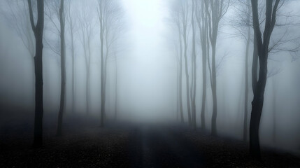 Misty forest path shrouded in fog, trees lining a dark road.