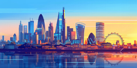 Obraz premium vibrant illustration of modern city skyline at sunset, featuring iconic skyscrapers, Ferris wheel, and reflections on calm water