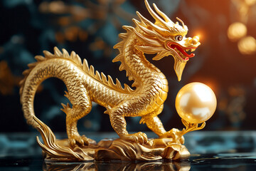 Golden dragon statue with detailed scales holding a glowing pearl, symbolizing power and wisdom, set against a dark background with warm highlights