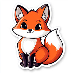 Obraz premium A cute cartoon fox is sitting on a white background. The fox has a big smile on its face. 