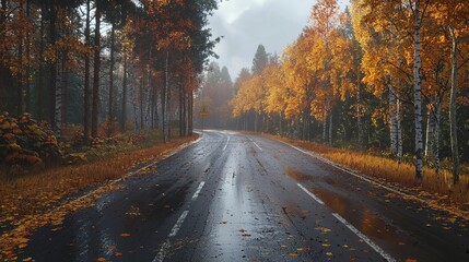 Obraz premium Wet Asphalt Road Passing Through Colorful Autumn Foliage