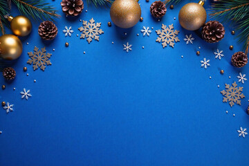 Festive holiday scene blue background Christmas decorations snowflakes