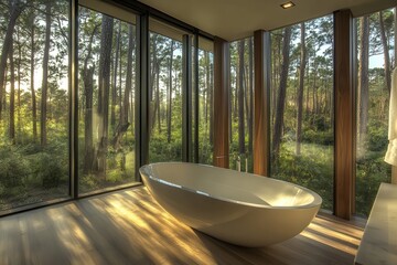 Fototapeta premium Modern Freestanding Tub in Scenic Bathroom Setting