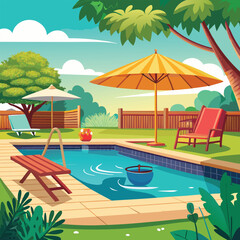 Fototapeta premium A cheerful summer scene with a pool, palm trees, and a wooden fence