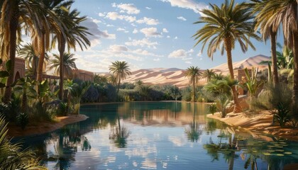 Serene oasis with palm trees and tranquil waters amidst desert dunes.