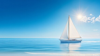 Fototapeta premium A white sailboat glides across a calm blue sea under a clear sky. The bright sun shines, creating reflections on the water. Calm sea background with free space for text. AI generated