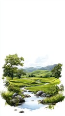 Fototapeta premium Serene Rural Landscape with Lush Rice Fields and Tranquil Stream