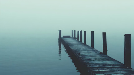 Misty morning, wooden pier extending into calm lake water.