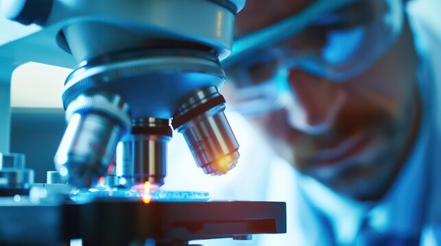 Close-up of microbiologist examining petri dish with salmonella bacteria under microscope, scientific investigation of outbreak, copy space for text or design.