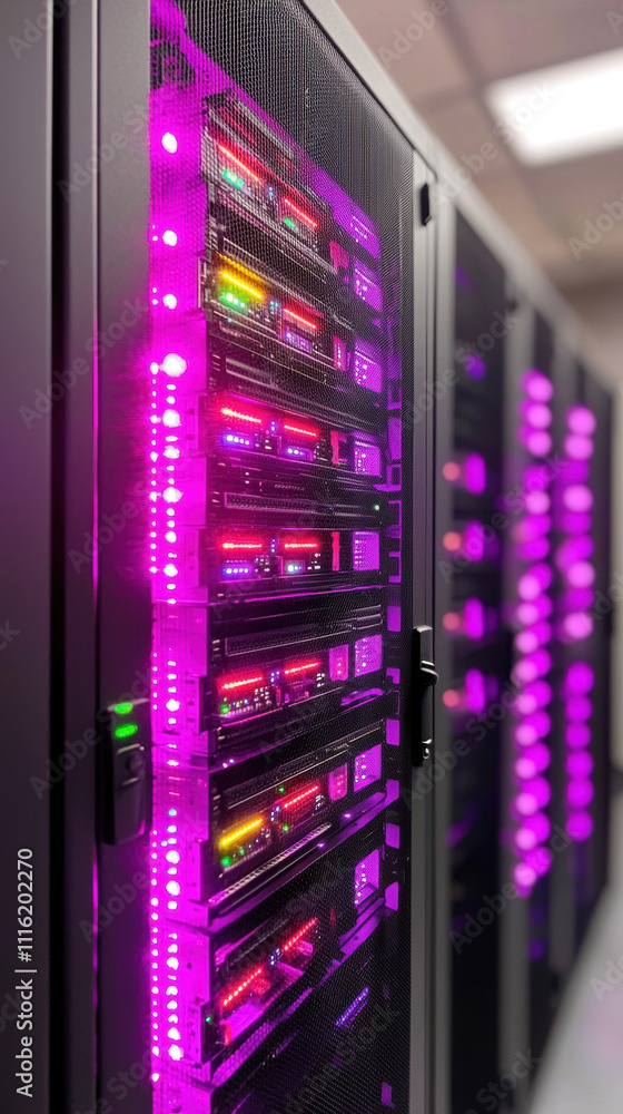 Aufkleber a sleek server room with illuminated racks, showcasing colorful lights and advanced technology in a 