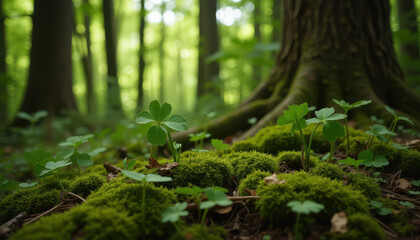 Three-leaf clover in a lush forest with sunlight filtering through the trees