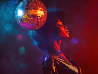Timeless Retro Concept. A woman in profile with an afro hairstyle stands against a vibrant backdrop, illuminated by colorful lights and a glittering disco ball.