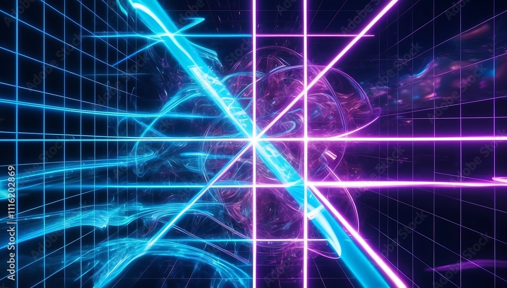 Poster neon grid abstract: a mesmerizing abstract digital art piece featuring a vibrant grid with neon blue