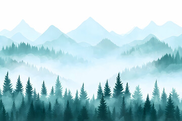 Fototapeta premium Misty mountain landscape with evergreen forest.