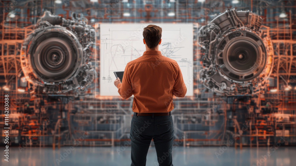 Poster a technician observes advanced machinery, analyzing data on a screen surrounded by industrial engine