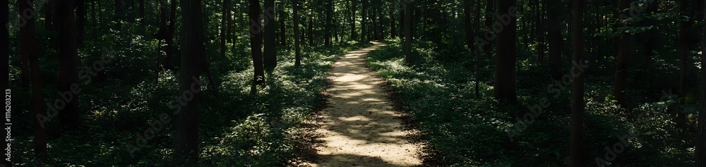 Poster a serene forest path winding through trees, inviting exploration and tranquility.