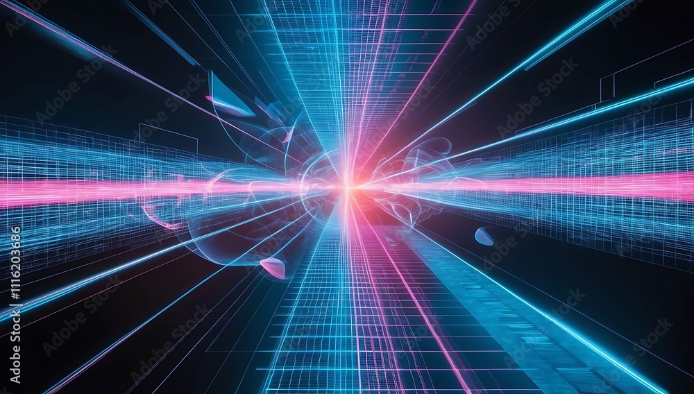 Poster digital hyperdrive: a mesmerizing abstract background of vibrant blue and pink lines converging towa