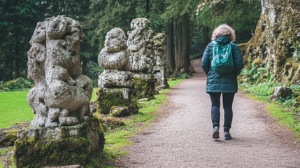 Enchanting Forest Path with Ancient Stone Sculptures