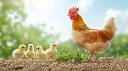 Fototapeta premium Mother hen and baby chicks pecking at ground in sunny environment, showcasing nurturing scene of nature. vibrant colors and soft light create warm atmosphere