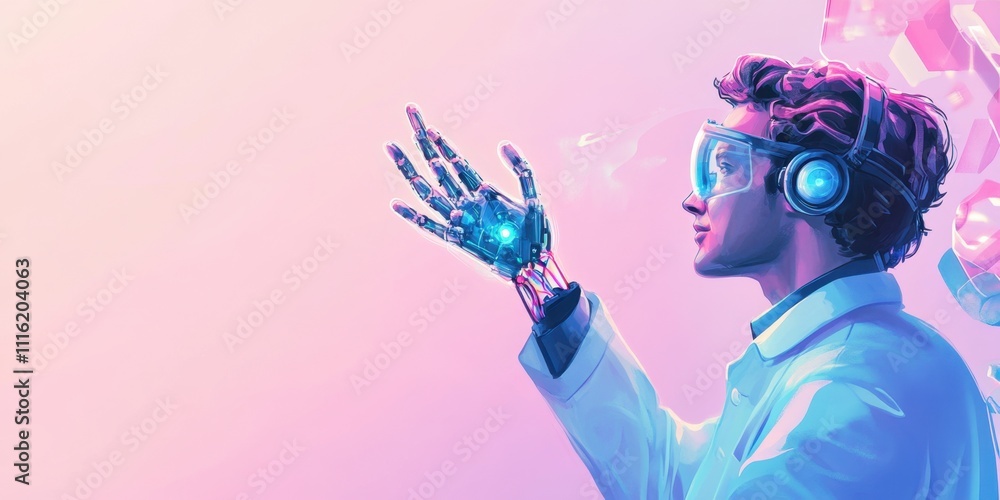 Poster a futuristic scientist exploring technological innovation with a robotic hand and vr headset