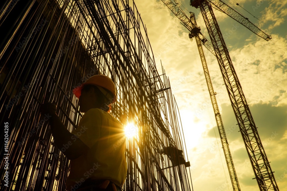 Poster construction worker with steel rebars on site emphasizing safety and structure in building projects