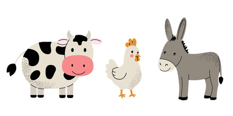 Fototapeta premium Cute farm animals set. Cow, chicken, donkey. Flat set of home animals, pets.