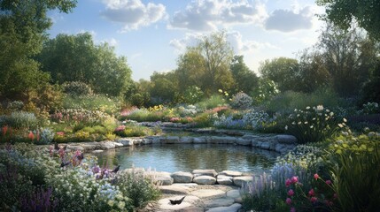 Fototapeta premium Serene Garden Oasis with Blooming Flowers and a Tranquil Pond