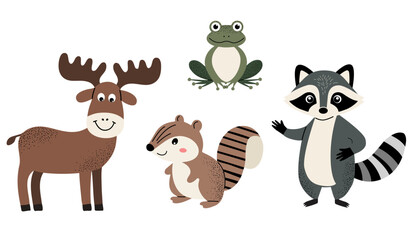 Obraz premium Set of cute woodland animals. Moose, chipmunk, frog, raccoon.