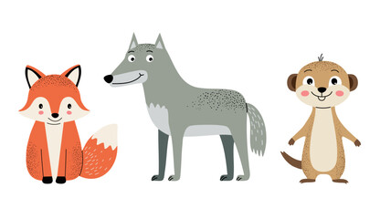 Obraz premium Set of cute woodland animals. Fox, wolf, meerkat.
